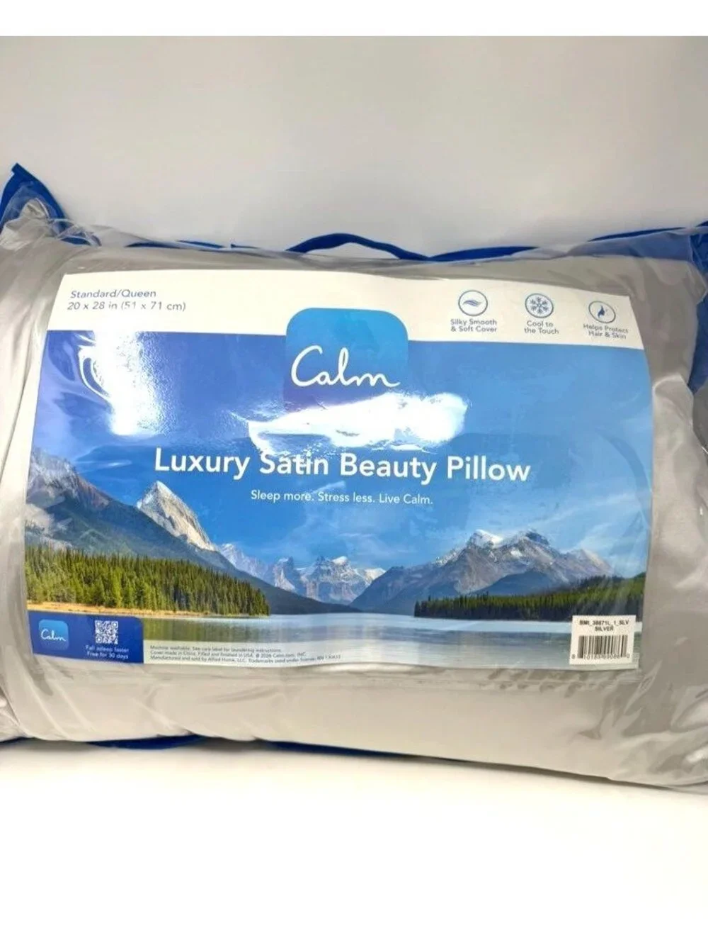 Calm Jumbo Medium Density Satin Bed Pillow Silver Hypoallergenic